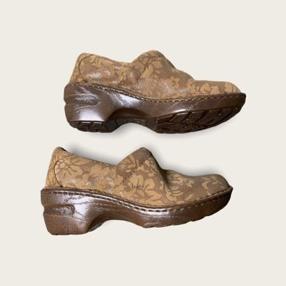 B.O.C. Women Leather Clogs Size 6 Brown Floral Embossed Boho Art Teacher Slip On